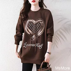 【MsMore】 時尚時髦愛心系帶爆款大碼圓領長袖中長版寬鬆上衣# 123768 M 咖色