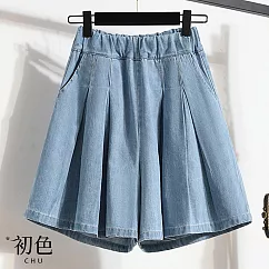 【初色】純色打褶褲裙寬鬆中大尺碼牛仔褲休閒褲五分褲寬褲闊腿短褲-共2色-34522(M-4XL可選) M 淺藍色