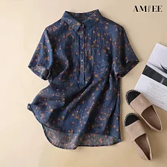 【AMIEE】棉麻小碎花短袖襯衫女上衣(KDTY-1572) XL 藍色