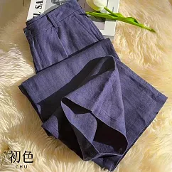 【初色】棉麻風純色直筒修身簡約休閒褲寬褲直筒長褲-藏青色-13300(M-2XL可選) M 藏青色