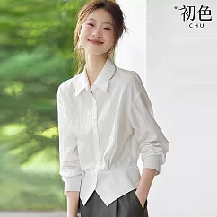 【初色】純色簡約收腰顯瘦百搭翻領翻摺袖長袖襯衫上衣女上衣-共4色-14952(M-2XL可選) M 白色