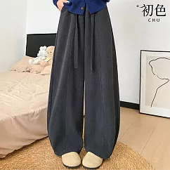 【初色】純色高腰鬆緊腰口袋綁繩垂感彎刀褲闊腿褲休閒褲寬褲長褲-共4色-16569(M-XL可選) M 深灰色