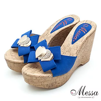 【Messa米莎】(MIT)心心相印鑽飾楔型涼拖鞋-二色35藍色