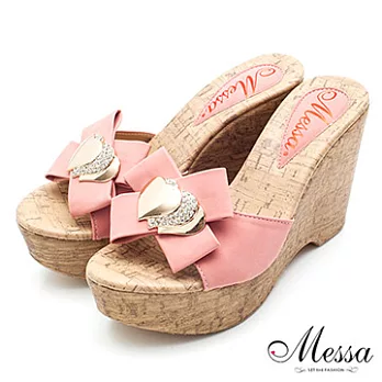【Messa米莎】(MIT)心心相印鑽飾楔型涼拖鞋-二色35粉紅色