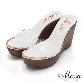 【Messa米莎】(MIT)前衛金屬鑲邊透視涼拖楔型鞋-二色35白色