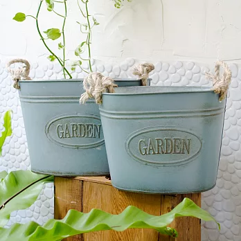 【Meric Garden】歐式仿舊復古雜貨風鐵藝裝飾花器 (麻提繩鐵盆M/L二入組)