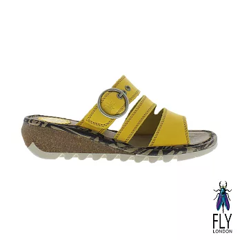 Fly London(女) 三線圓扣低坡跟真皮休閒拖鞋 -EU36檬檸黃