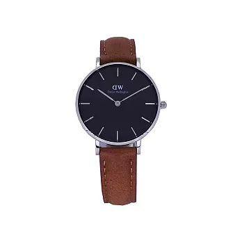 DW Daniel Wellington 經典中的獨特時尚優質麝香型咖啡皮革腕錶-黑+銀/32mm-DW00100178