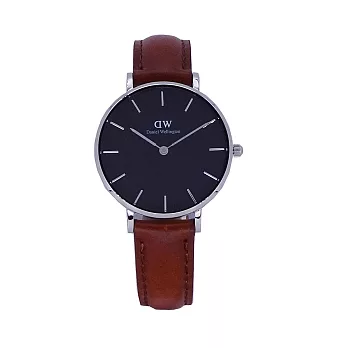 DW Daniel Wellington 經典中的獨特時尚優質淺咖啡皮革腕錶-黑+銀/32mm-DW00100181