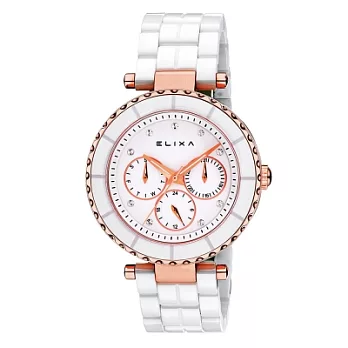ELIXA 瑞士精品手錶 CERAMICA陶瓷系列玫瑰金框 白色錶面/陶瓷錶帶38mm