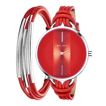 ELIXA 瑞士精品手錶 Finesse精巧時間皮繩系列X手環組合 紅色38mm