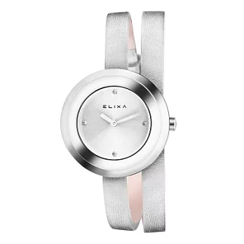 ELIXA 瑞士精品手錶 Finesse系列銀框 銀色晶鑽錶盤/皮革纏繞式錶帶28mm