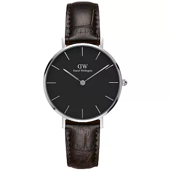 DW Daniel Wellington 經典約克黑棕色壓紋皮帶腕錶-銀框/32mm(DW00100182)