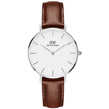 DW Daniel Wellington 經典聖莫斯棕色皮帶腕錶-銀框/32mm(DW00100187)