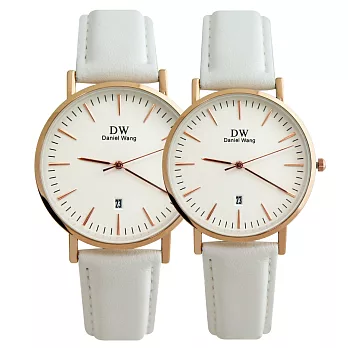 Daniel Wang DW-3181 玫針刻度日期小窗氣質皮帶錶 - 白帶 小型