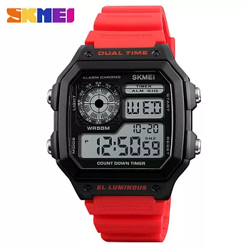 SKMEI 時刻美 1299 俐落方形設計多功能顯示電子錶- 紅色