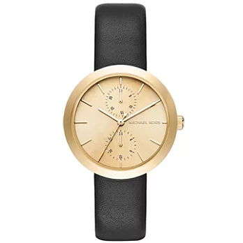MICHAEL KORS 簡約都會時尚雙環皮革腕錶-黑(現貨+預購)黑