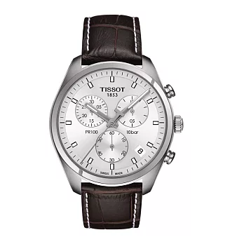 TISSOT PR100 經典的美學工匠計時優質時尚腕錶-銀+咖啡/41mm-T1014171603100