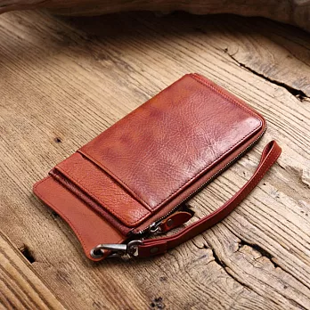 【Solomon皮件】梯田 皮革長夾 手拿包 多卡層 附手腕帶 手機包棕橘