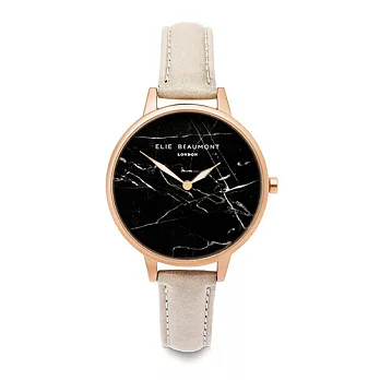 Elie Beaumont 英國時尚手錶 大理石系列 黑錶盤x褐色皮革錶帶x玫瑰金錶框38mm