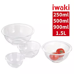 【iwaki】日本品牌耐熱玻璃料理微波調理碗四入組(250ml+500ml+900ml+1.5L)(原廠總代理)