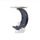 摩達客◉春節開運◉超萌祈願小白兔星星彎月頂托盤陶瓷擺飾-三色可選 深藍