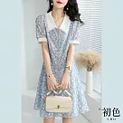 【初色】簡約氣質蕾絲泡泡袖洋裝─藍色─61210(M─2XL可選) L 藍色