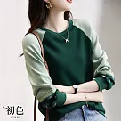 【初色】圓領拼接刺繡長袖T恤上衣─共2色─63486(M─2XL可選) M 翠綠