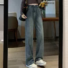 【MsMore】 復古藍直筒闊腿牛仔褲寬鬆高腰垂感顯瘦拖地長褲 # 114047 M 深藍