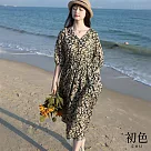 【初色】V領碎花印花高腰連衣裙短袖連身洋裝─黑底花─68020(M─2XL可選) L 黑底花