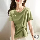 【初色】圓領素色腰部褶皺設計T恤上衣─綠色─67104(M─2XL可選) M 綠色