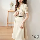 【初色】交叉V領短袖連身裙收腰顯瘦中長裙長版洋裝─杏色─67848(M─2XL可選) L 杏色