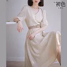 【初色】V領束腰泡泡袖褶皺休閒洋裝─米杏色─66894(M─2XL可選) L 米杏色