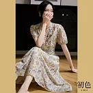 【初色】小碎花泡泡袖V領短袖收腰中長裙連身裙洋裝─花色─68205(M─XL可選) L 花色