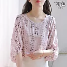 【初色】圓領印花五分燈籠袖雪紡上衣─粉底愛心─67542(M─2XL可選) M 粉底愛心