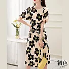 【初色】圓領花朵印花系帶收腰泡泡袖連身洋裝─杏色─67267(M─2XL可選) 2XL 杏色