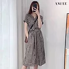 【AMIEE】格紋V領顯瘦洋裝(KDDY─525) M 格子