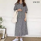 【AMIEE】文藝感蓬蓬袖格子洋裝(KDDY─3408) M 格子