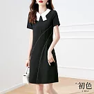 【初色】翻領短袖休閒連身洋裝─黑色─67516(M─2XL可選) L 黑色