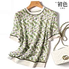 【初色】休閒圓領拼接印花短袖寬鬆T恤上衣─綠色─68584(M─2XL可選) M 綠色