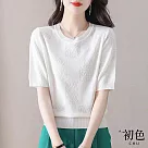 【初色】顯瘦氣質淑女印花格子圓領五分袖短袖T恤針織衫上衣─共4色─68870(F可選) F 白色