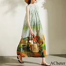 【ACheter】 棉麻無袖油畫風藝術感優雅精緻定位印花圓領連身裙背心長洋裝# 118792 M 花紋色
