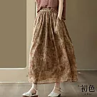 【初色】文藝印花雙層飄逸褶皺高腰A字裙半身裙中長裙長裙─共4色─68719(M─2XL可選) M 橘色