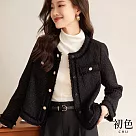 【初色】小香風毛邊長袖排釦短款西裝外套─黑色─30436(M─2XL可選) XL 黑色