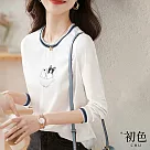 【初色】圓領刺繡撞色長袖T恤上衣─白色─30372(M─2XL可選) M 白色