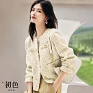 【初色】小香風短版粗花毛呢圓領口袋長袖外套─淺米色─31441(M─2XL可選) 2XL 淺米色