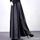 【ACheter】 棉麻闊腿褲高腰垂感條紋條紋寬鬆闊腳褲直筒裙褲休閒長褲# 120012 M 黑灰色
