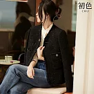 【初色】小香風粗花毛呢長袖圓領寬鬆西裝外套休閒外套─共2色─31959(M─2XL可選) XL 黑色