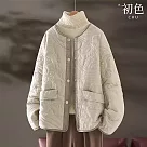 【初色】小香風撞色復古浮雕休閒圓領長袖保暖棉外套─米灰色─32112(M─2XL可選) XL 米灰色