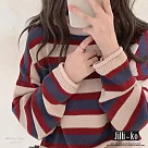 【Jilli~ko】慵懶風配色條紋捲邊套頭針織衫 J11619 FREE 紅色